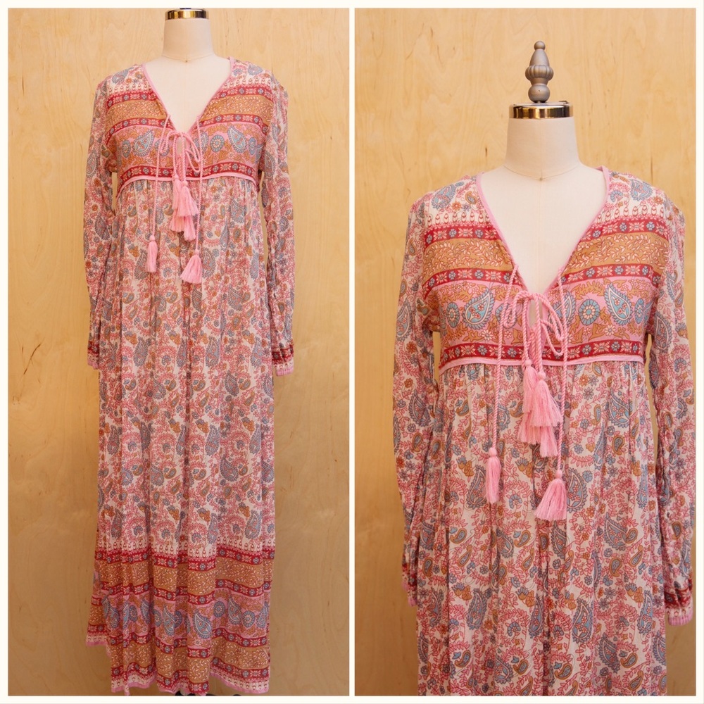 Pink Block Print Cotton Gauze Tassel Long Sleeve Long Maxi Dress Karni Brand